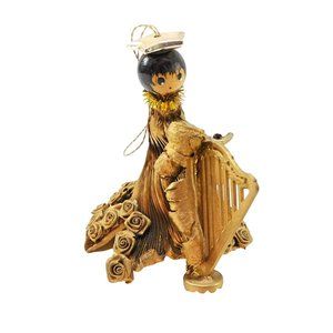 Vintage Gold Seed Pod Angel w Harp Ornament Roses Hand-Made 3.5"